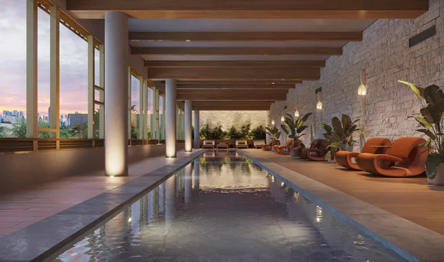 Perspectiva artÃÂ­stica: Piscina coberta com raia de 25 m Ã¢ÂÂ NID Alphaville